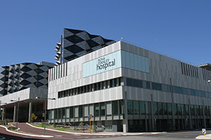 Exterior facades of Fiona Stanley Hospital taken from Robin Warren Drive