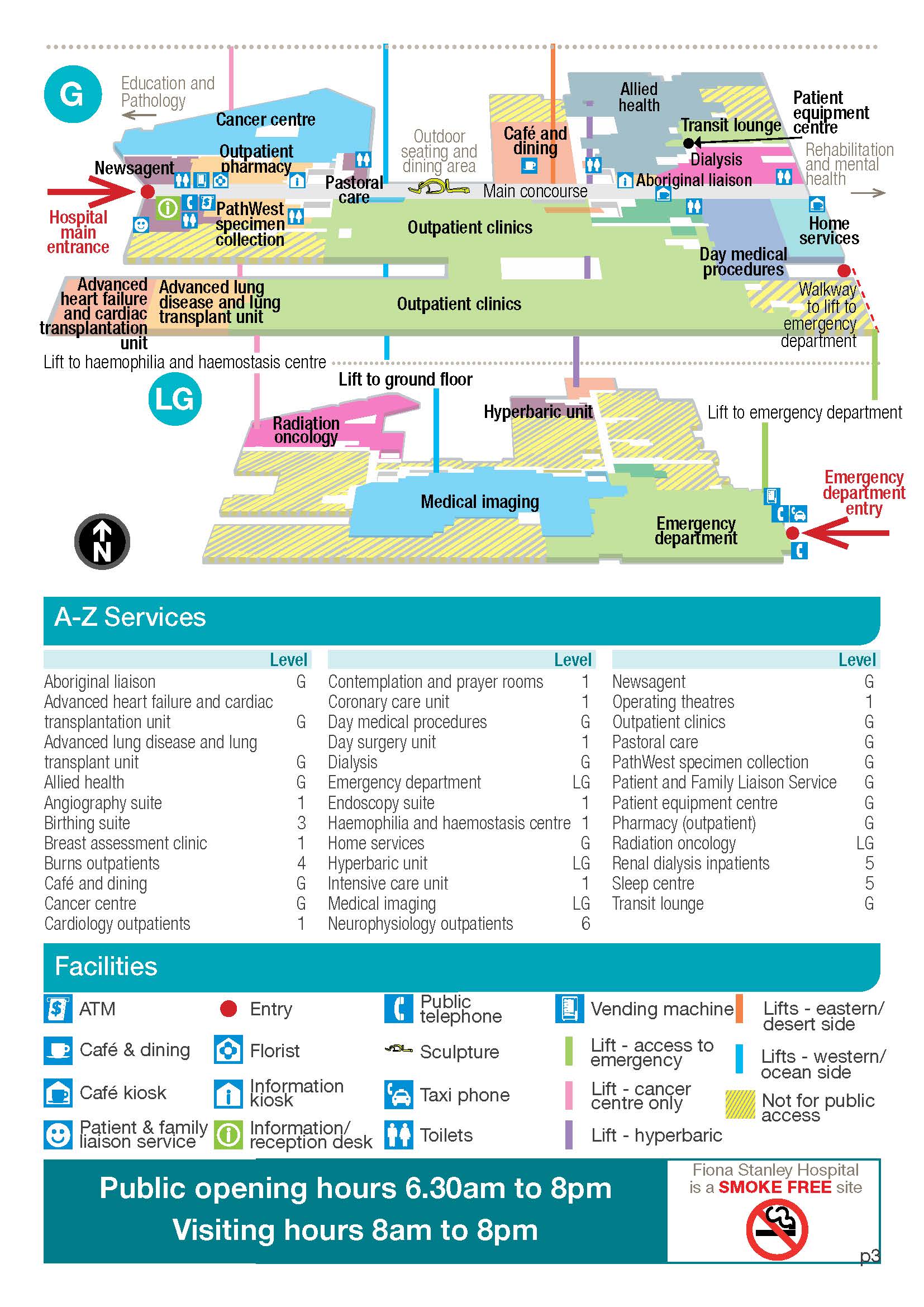 Map showing the services at Fiona Stanley Hospital by an A-Z listing